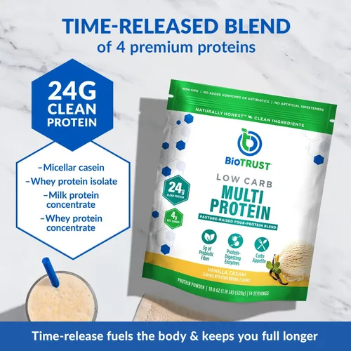 Miniatura 2 de BioTrust Proteína en polvo baja en carbohidratos, mezcla natural y deliciosa de suero y caseína de vacas alimentadas con pasto, sin OMG, sin soja