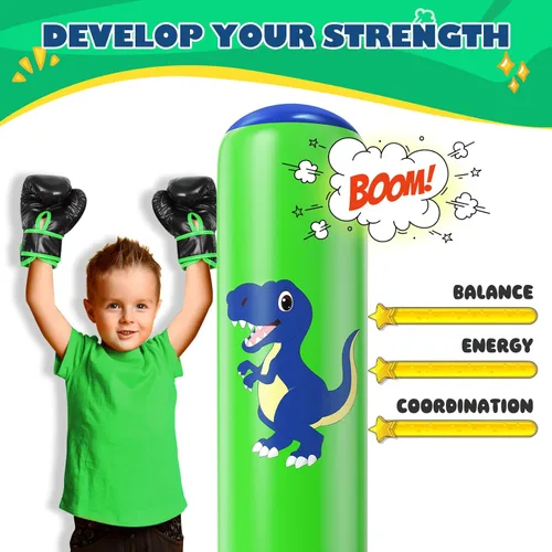 Miniatura 2 de QPAU Saco de boxeo inflable, bolsa de boxeo inflable estable de 48 pulgadas para 3-6 niños, juguete de dinosaurio y regalos para niños y niñas, Azul