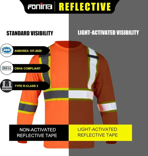 Miniatura 5 de FONIRRA Camiseta de seguridad de manga larga reflectante de alta visibilidad, camisas de trabajo de construcción ANSI Clase 3 para hombres Naranja