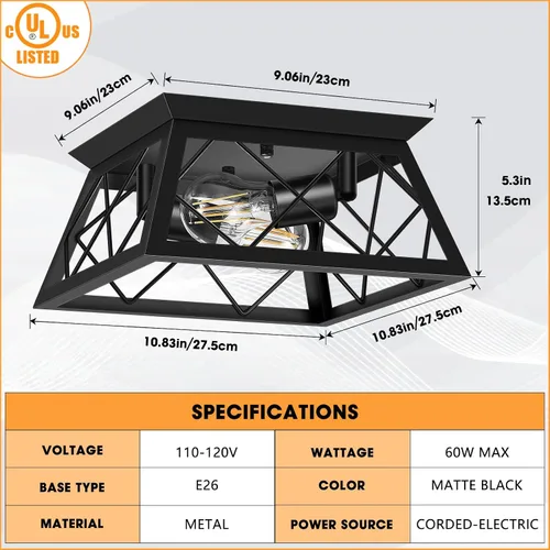 Miniatura 2 de FadimiKoo Lámpara de techo empotrada negra de 2 luces, lámpara de techo industrial para cocina de granja, lámpara de techo de jaula cuadrada