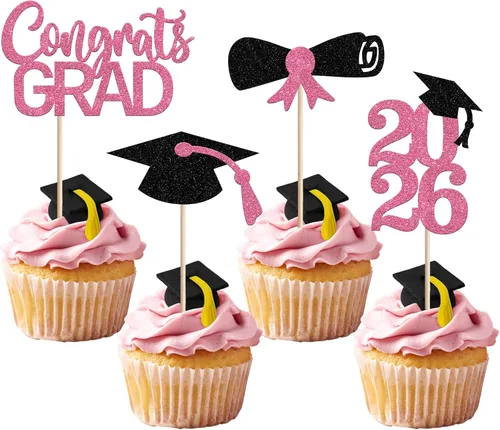 Miniatura 43 de Rsstarxi Paquete de 24 adornos para cupcakes de graduación 2026, con purpurina azul, para la clase de 2026, para diplomas, 24 piezas (6 diseños)