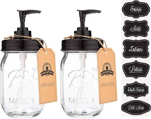 Miniatura 6 de Jarmazing Products Dispensador de jabón en tarro negro Mason – Plástico a prueba de óxido con tarro de pinta de plástico – Paquete de dos