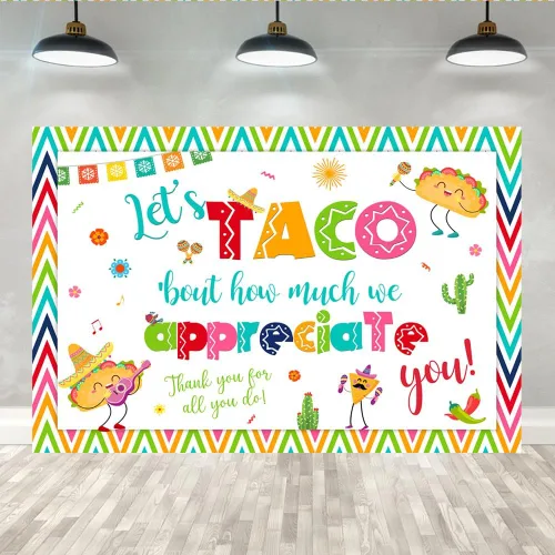 Lofaris Fondo de 5 x 3 pies con texto en inglés "Thank You for All You Do Let's Taco Bout How Much We Apreciate You" (Gracias por el personal,
