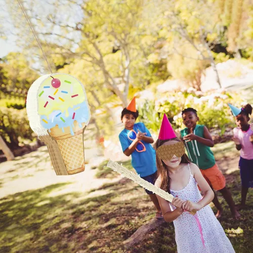 Miniatura 6 de Piñata de helado de 15.8 x 9.5 pulgadas, piñata en forma de cono de helado con barra para fiesta de cumpleaños, fiesta de dulces de verano, baby