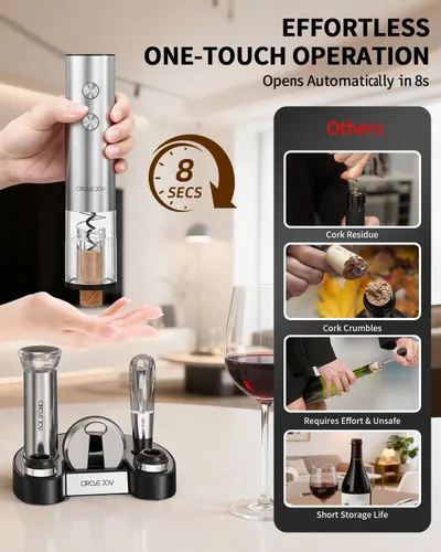 Miniatura 2 de CIRCLE JOY Juego de abridor eléctrico de botellas de vino de acero inoxidable, recargable, 8 en 1, juego de regalo de vino con base de carga, Plata