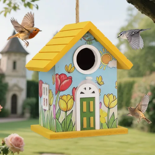 Miniatura 8 de Casas de madera para pájaros para exteriores, casa de pájaros de madera amarilla para exteriores, tulipanes pintados a mano, casas de pájaros
