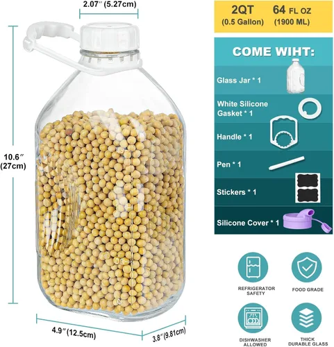 Miniatura 3 de Ritayedet Botella de leche de vidrio resistente de 64 oz con tapa de rosca hermética reutilizable y fuerte - Botellas de agua de 1/2 galón