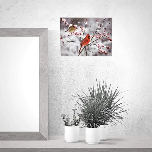 Miniatura 5 de BANBERRY DESIGNS Impresión en lienzo de cardenales iluminados en la nieve, imagen LED con pareja cardenal y bayas navideñas, mide 11.75 x 15.75