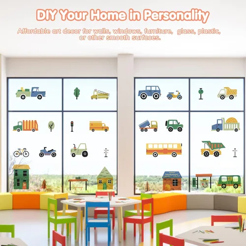 Miniatura 5 de Calcomanías de pared extraíbles de vehículos de ciudad de dibujos animados para decoración de pared de habitación de niños, vehículos de transporte