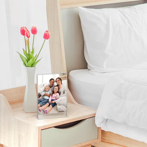 Miniatura 7 de NIUBEE Paquete de 6 soportes de acrílico transparente de 4 x 6 pulgadas con bordes plateados y soporte vertical, soportes de menú de mesa de doble