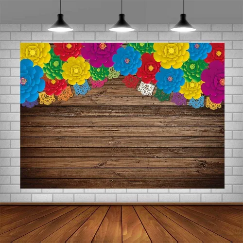 Miniatura 4 de AIBIIN Telón de fondo de fotos de fiesta mexicana de 8 x 6 pies, banderas rústicas de madera con flores coloridas, fondo de fotografía, cumpleaños