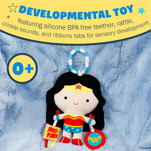 Miniatura 2 de KIDS PREFERRED DC Comics Wonder Woman - Juguete de actividad sensorial múltiple con mordedores, texturas arrugadas y clip para diversión sobre