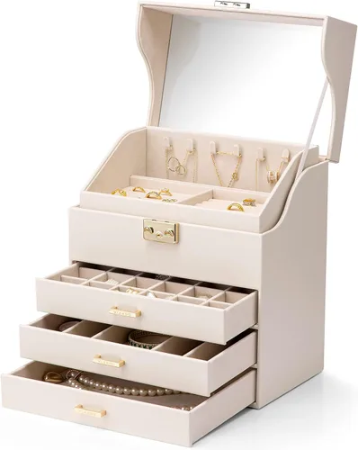 Vlando Caja organizadora de joyas grande de terciopelo, caja de almacenamiento de joyas de 5 capas con espejo y cerradura, bandeja apilable y 3