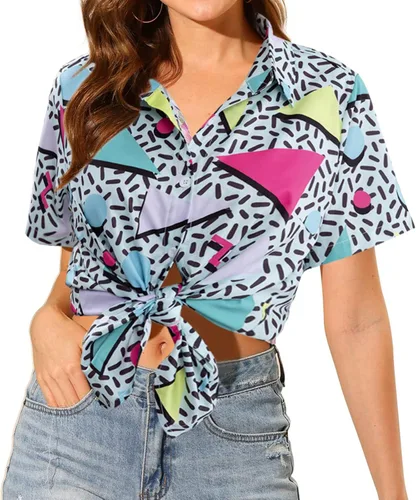 Miniatura 3 de Trajes de los años 80 y 90 para mujer, camisa de discoteca retro para fiesta temática de los años 80, camisa hawaiana de neón con botones y manga