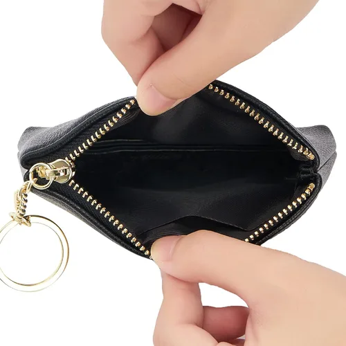 Miniatura 5 de Monedero de cuero artificial con cierre de llavero para hombres y mujeres, a negro, Monedero