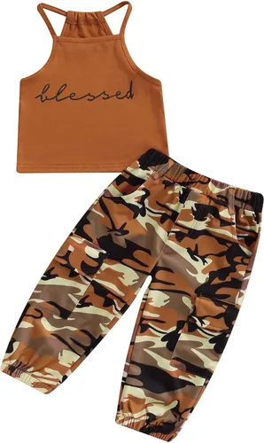 Miniatura 80 de Mandizy Conjunto de ropa de otoño para bebé niña pequeña, sudadera de manga larga con estampado de letras bendecidas, pantalones de camuflaje