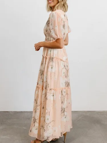 Miniatura 3 de Amegoya Vestido largo casual de manga corta con cuello en V para mujer, diseño floral, estilo bohemio, para la playa, sesión de fotos, con volantes
