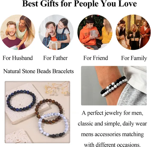 Miniatura 5 de SAMOCO 12 piezas de pulseras de ojo de tigre para hombres, piedra natural, cuentas de 8 mm, juego de pulseras elásticas ajustables de roca de lava