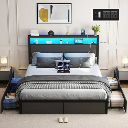 Miniatura 13 de SADENICEL Base de cama de tamaño matrimonial con almacenamiento, plataforma de cama de madera LED con cabecero, 4 cajones, estación de carga,