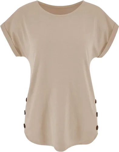 Miniatura 4 de Limerose Camiseta de manga corta para mujer, cuello redondo, botones laterales, estilo casual, holgada