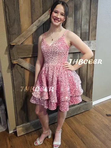 Miniatura 2 de Vestidos de fiesta de lentejuelas para adolescentes, vestido corto de graduación 2024 con cuello en V brillante, vestido formal de fiesta de cóctel