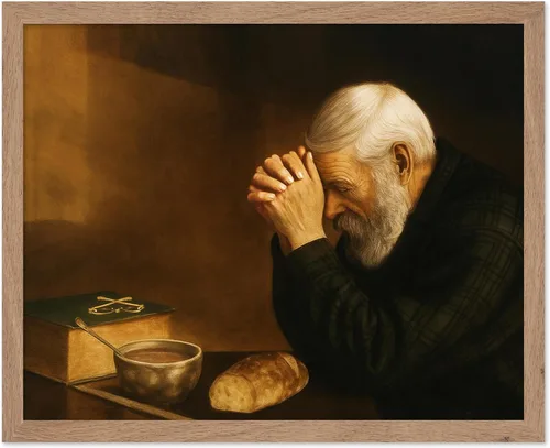 Poster Master Póster vintage, impresión religiosa retro, regalo para artista, amigo, hombre rezando sobre pan, gracia, viejo, comida, decoración de