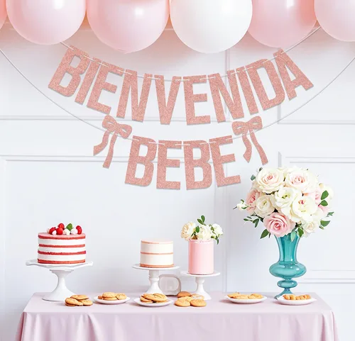 Miniatura 6 de Bienvenida Bebe Banner de bienvenida española para bebé, decoraciones mexicanas para baby shower, purpurina de oro rosa