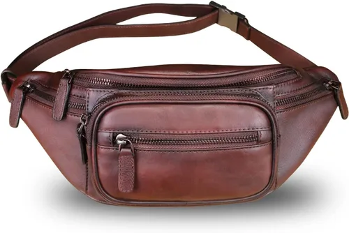 Miniatura 3 de Cangurera de cuero genuino para mujeres y hombres, riñonera de cuero, bolso bandolera de moda, bolso cruzado de hombro, mochila (café)