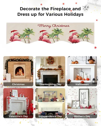 Miniatura 6 de Bufanda de manto de Feliz Navidad, 60 x 17 pulgadas, flamenco tropical, palmera, chimenea, mantel de chimenea, cubierta de mantel para Navidad