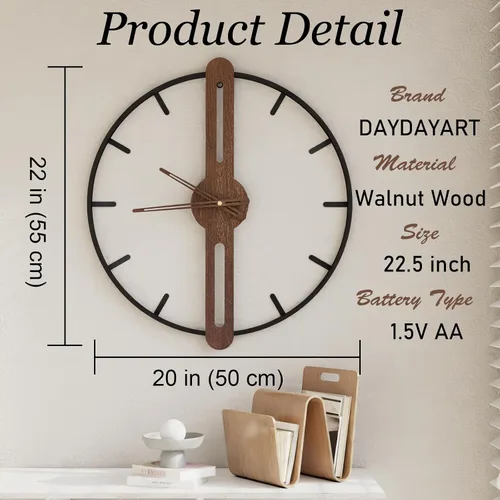 Miniatura 3 de Reloj de pared moderno con esfera de nogal, reloj de pared grande de madera con marco de metal, silencioso, sin tictac, para sala de estar