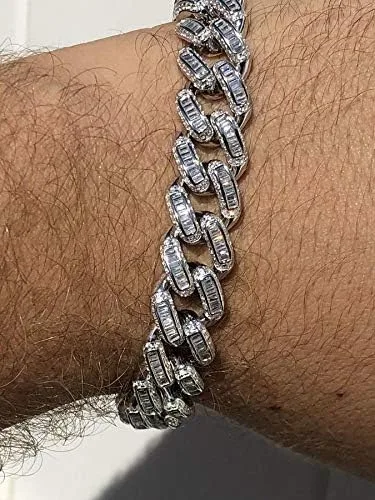 Miniatura 9 de HarlemBling Solid 925 Sterling Silver - Baguette CZ Iced Mens Miami Cuban Link Bracelet - 12mm - Heavy 62 Grams