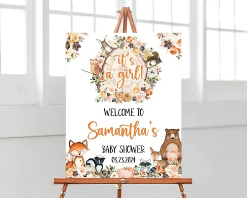 Cartel de bienvenida de baby shower, cartel de bienvenida editable con texto en inglés "It's a Girl Woodland", letrero de bienvenida de baby shower