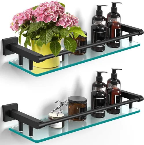 Miniatura 7 de Estante de vidrio para baño de 20 pulgadas, estantes rectangulares de vidrio templado de acero inoxidable moderno para montaje en pared, estante