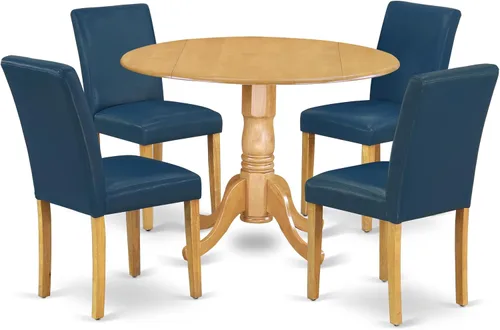 East West Furniture DLAB5-OAK-55 - Juego de muebles de comedor de 5 piezas, incluye una mesa de comedor redonda con gotas y 4 sillas Parsons de piel