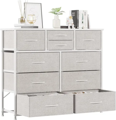 Miniatura 13 de LUMTOK - Cómoda de 10 cajones, cómodas de tela para dormitorio, pasillo, guardería, armarios, marco de acero, parte superior de madera, mango fácil