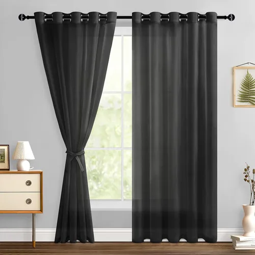 Miniatura 102 de Hiasan - Cortinas traslúcidas de gasa cortas semitransparentes con ojales y alzapaños filtrantes de luz para ventana, dormitorio, baño, 2 paneles