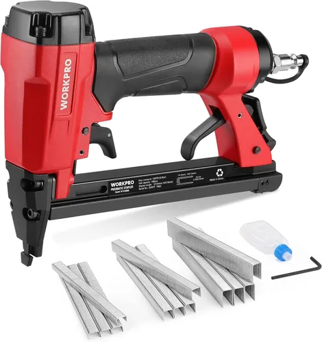 Miniatura 10 de WORKPRO Pistola de grapas neumática de calibre 20, grapadora de tapicería T50 con 1260 grapas de 1/4 a 5/8 pulgadas, escape trasero