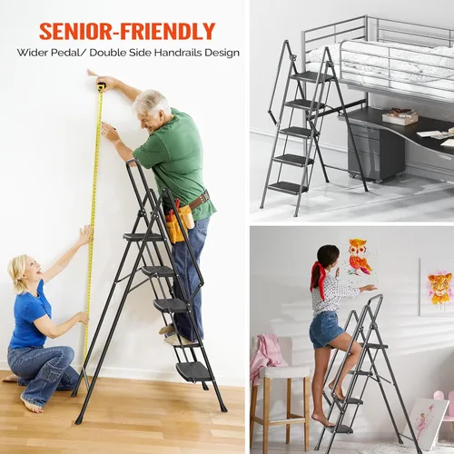 Miniatura 8 de LUISLADDERS Escalera de 5 escalones con barandillas, taburete plegable con pedal antideslizante ampliado, escalera ligera de 5 escalones plegable