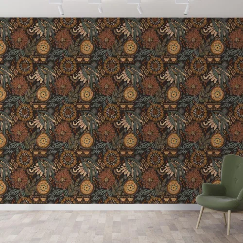 SKYSUKEY Papel tapiz floral vintage para despegar y pegar, estilo bohemio, marrón, melocotón, verde, decoración de pared retro botánico floral para