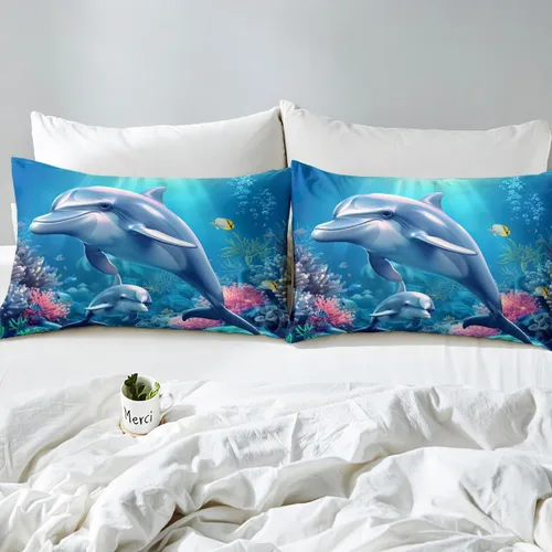 Miniatura 4 de Erosebridal Juego de sábanas de delfín azul océano para adolescentes y niños, juegos de ropa de cama 3D submarino bajo el mar, vida marina