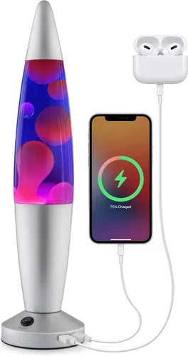 JAMBO Hermosa lámpara líquida con puertos USB, luz de movimiento de 16" con líquido azul y cera morada, luz nocturna relajante, luz ambiental para