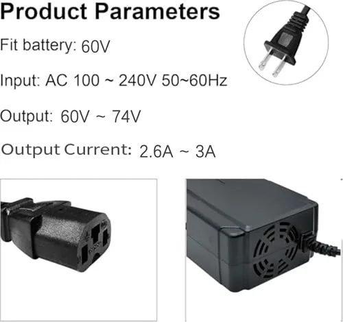 Miniatura 7 de Cargador 72V 3A Enchufe de 3 pines para 60V 20AH 32AH AGM Gel SLA Big Electric Scooters, eWheels EW-52 EW-54, Go Karts, Big Toys, 60V Batería