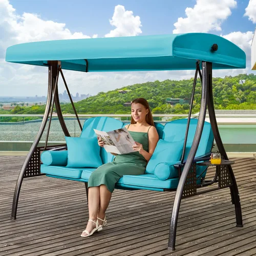 Miniatura 13 de Columpio de porche para exteriores 3 en 1 con toldo ajustable, columpio de 3 asientos para adultos, columpio de patio con cojines gruesos, almohadas