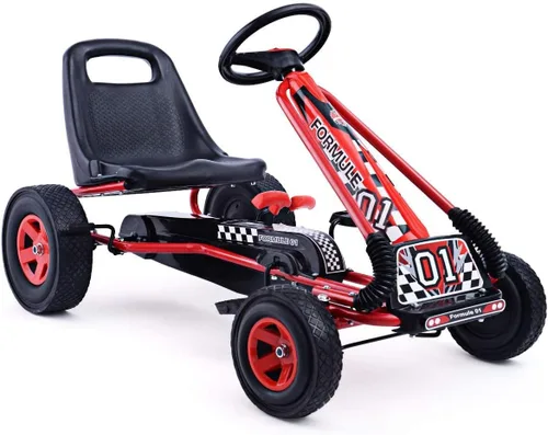HONEY JOY Go Kart para niños, 4 ruedas con pedal todoterreno cuádruple a pie con volantes y asiento ajustable, 2 frenos de seguridad, neumáticos Rojo