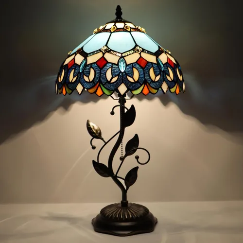 Miniatura 10 de Tiffany Table Lamp, Stained Glass Desk Light, W12H19 Inch, Metal Leaf Base (Sea Blue Pearl Style)
