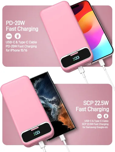 Miniatura 4 de Cargador portátil, 20000 mAh 22.5 W, cargador de batería de carga rápida con cables integrados y enchufe de pared, batería externa esencial de viaje