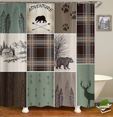 Miniatura 3 de Jayden Madge - Juego de 4 cortinas de ducha de granja verde salvia, búfalo marrón, retazos, bosque, montaña, ciervo, oso negro, estampado de patas