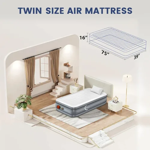 Miniatura 4 de LunaDream Eclipse Series Colchón de aire individual con bomba integrada recargable por USB, cama inflable inalámbrica, diseño duradero a prueba