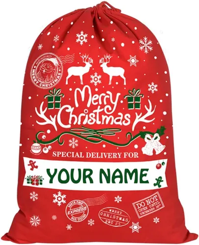 Miniatura 12 de Home and Plan Saco de Navidad personalizado con nombre (27 x 19.7 pulgadas), bolsas de regalo de Papá Noel grandes con cordón personalizado
