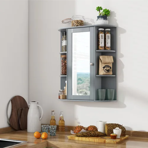 Miniatura 8 de Tangkula Botiquín de baño, armario de almacenamiento montado en la pared con puerta de espejo, extraíble y 3 estantes ajustables, armario de espejo